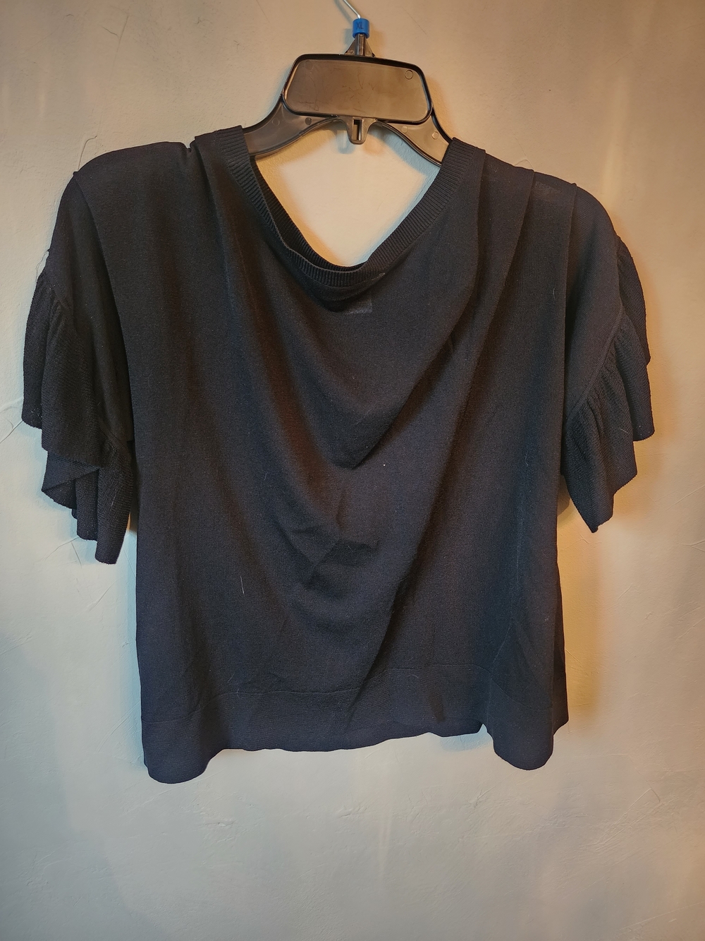 Club Monaco Black Ruffle Sleeve Short-Sleeve Knit Top